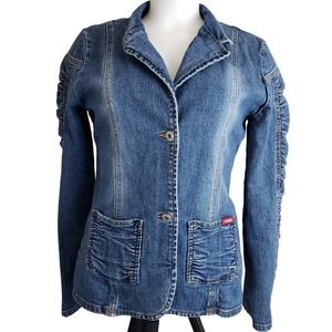 VTG‎ Guess Jeans Jacket Womens Blue Jean Ruched Sleeve Pockets Retro 90s Y2K